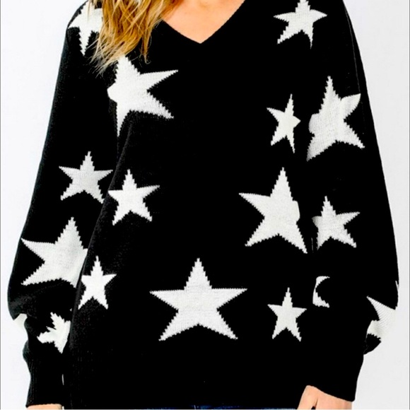ZENANA STAR V NECK SWEATER WOMEN COLOR BLACK & WHITE SIZE L - Picture 1 of 3